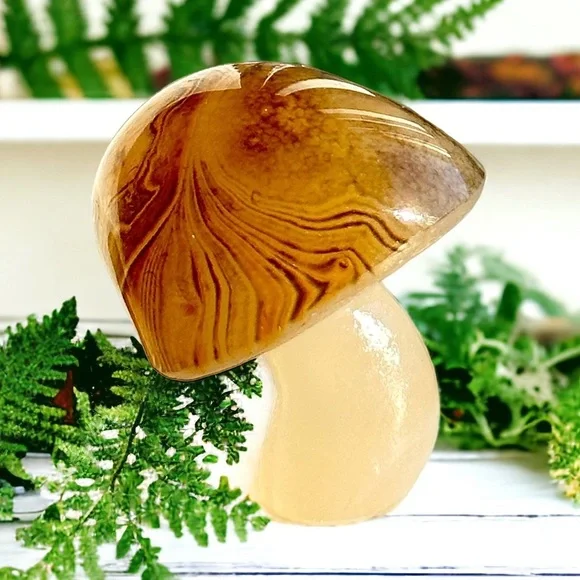 Banded Agate SET Artisan Hand Carved Luminous Mushroom Crystal Trio UNIQUE Accents